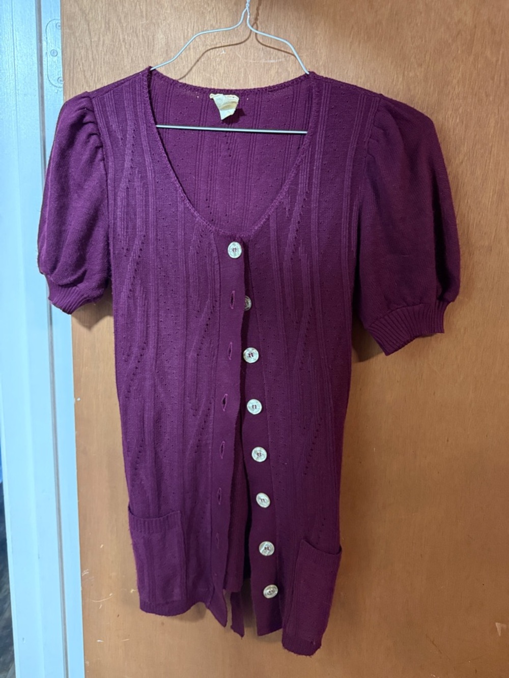 Plum Button-Front Knit Cardigan with Puffed Sleeves